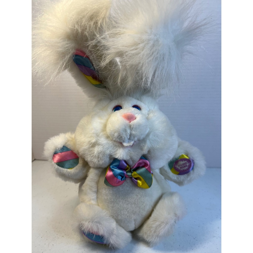 Vintage Giggle Bunny White Plush Rainbow Bow Tie Interactive Stuffed Animal